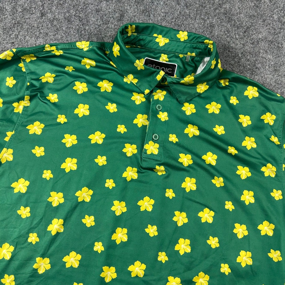 Etonic Golf Polo Mens 2XL Green Yellow Floral Hibiscus Performance Stretch Shirt